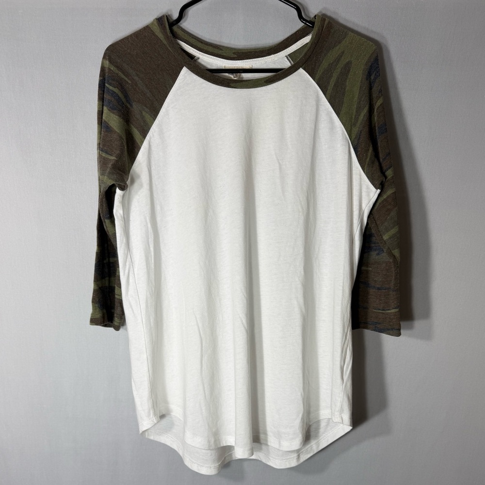 White Crow White Body Raglan Top with Olive Camo Sleeves